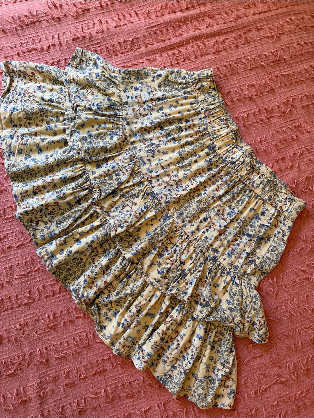 Maurices Yellow Floral Tiered Ruffle Mini Skirt with Blue Print